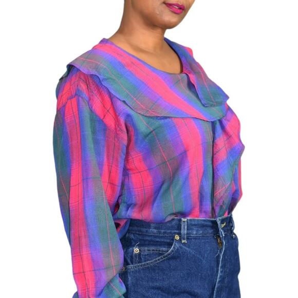 Ruffle Collar Blouse Vintage Pink Purple Plaid 90s Button Front Top Size Medium - Picture 10 of 12